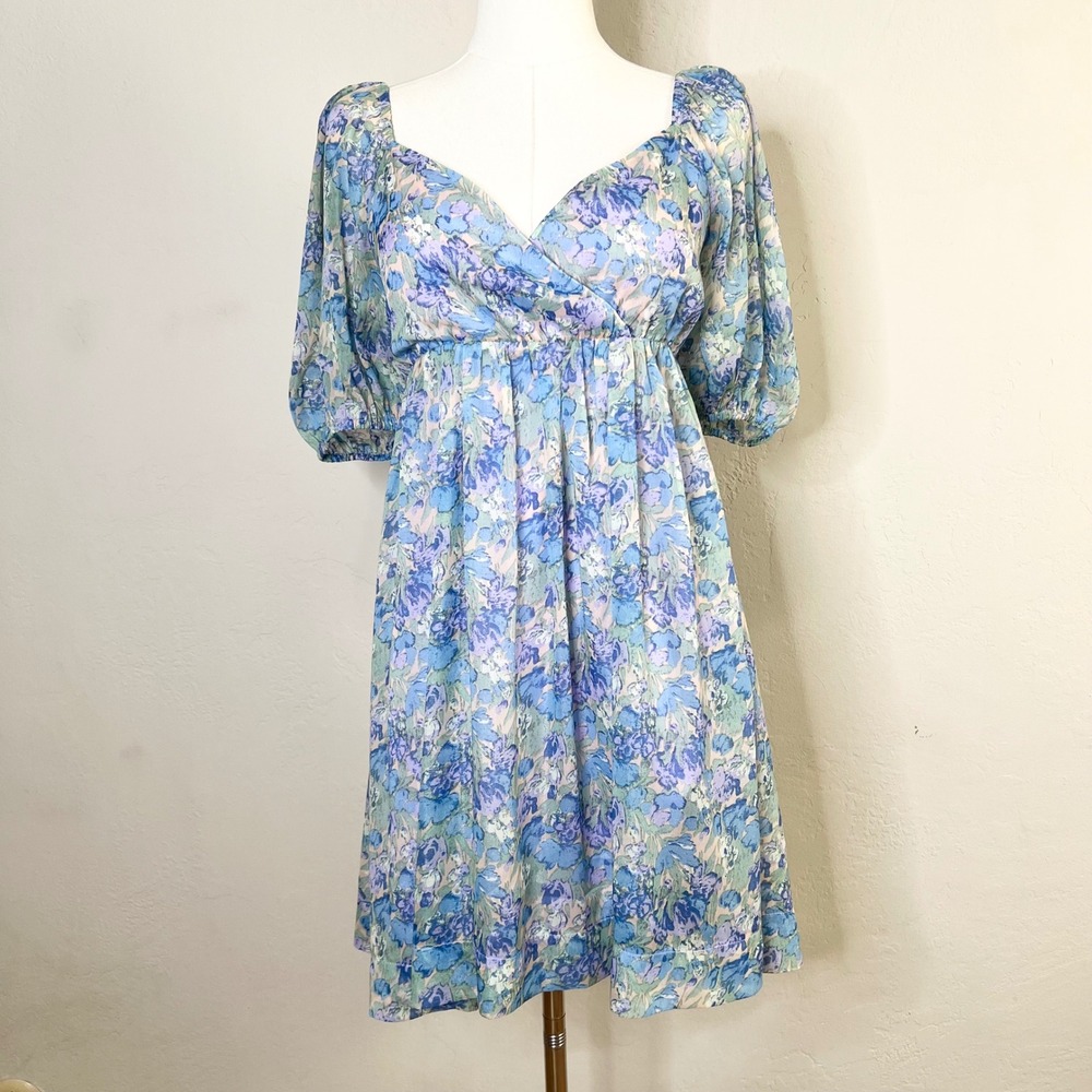 En‎ Saison Blue Floral Puff Sleeve Tie Back Mini Dress Medium Babydoll V-Neck